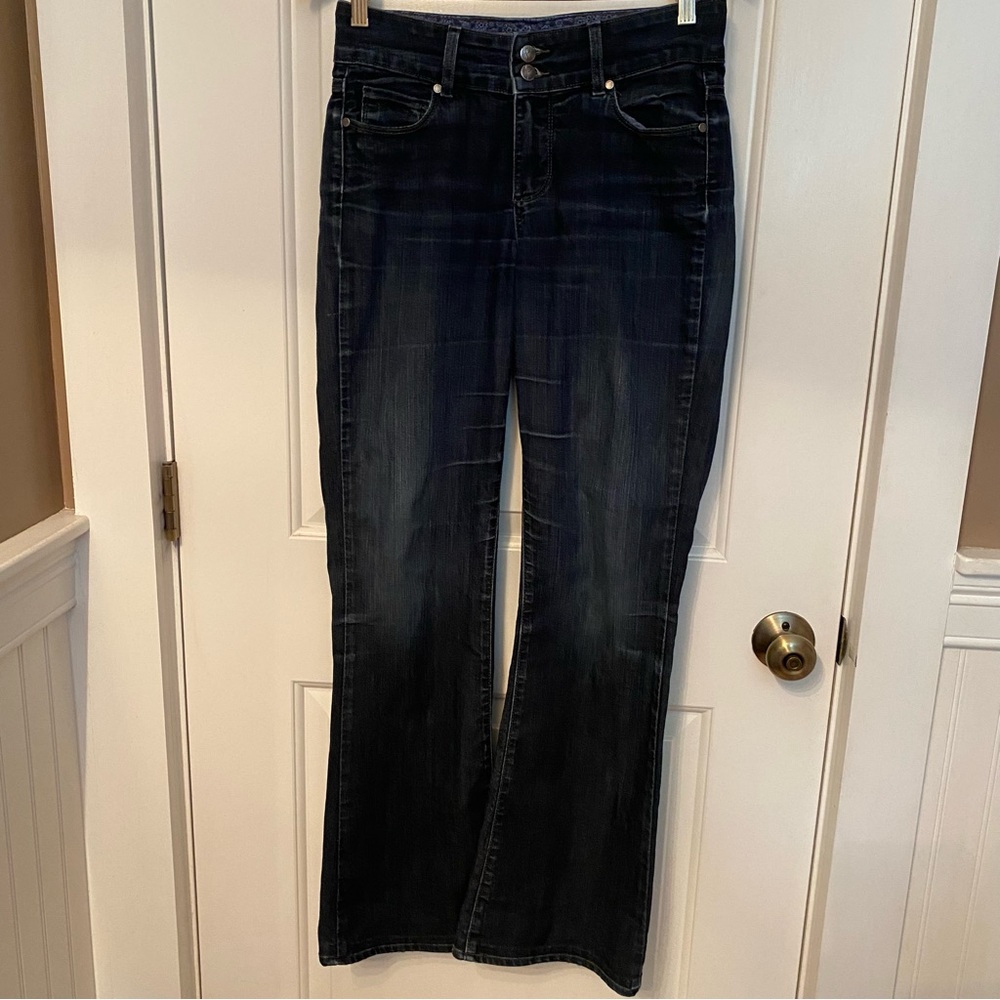 PAIGE JEANS BLUE DENIM WIDE LEG FLARE STRETCH 5 POCKET ZIP FLY USA SIZE 28